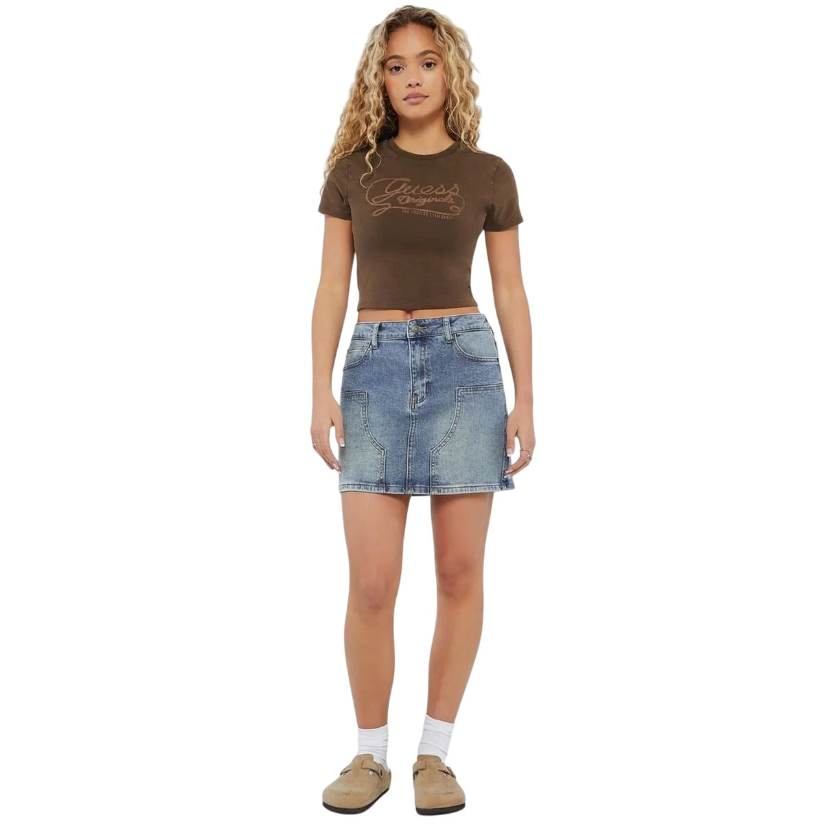 Washed Blue - Pack Shot - Guess Womens-Ladies Panel Denim Mini Skirt