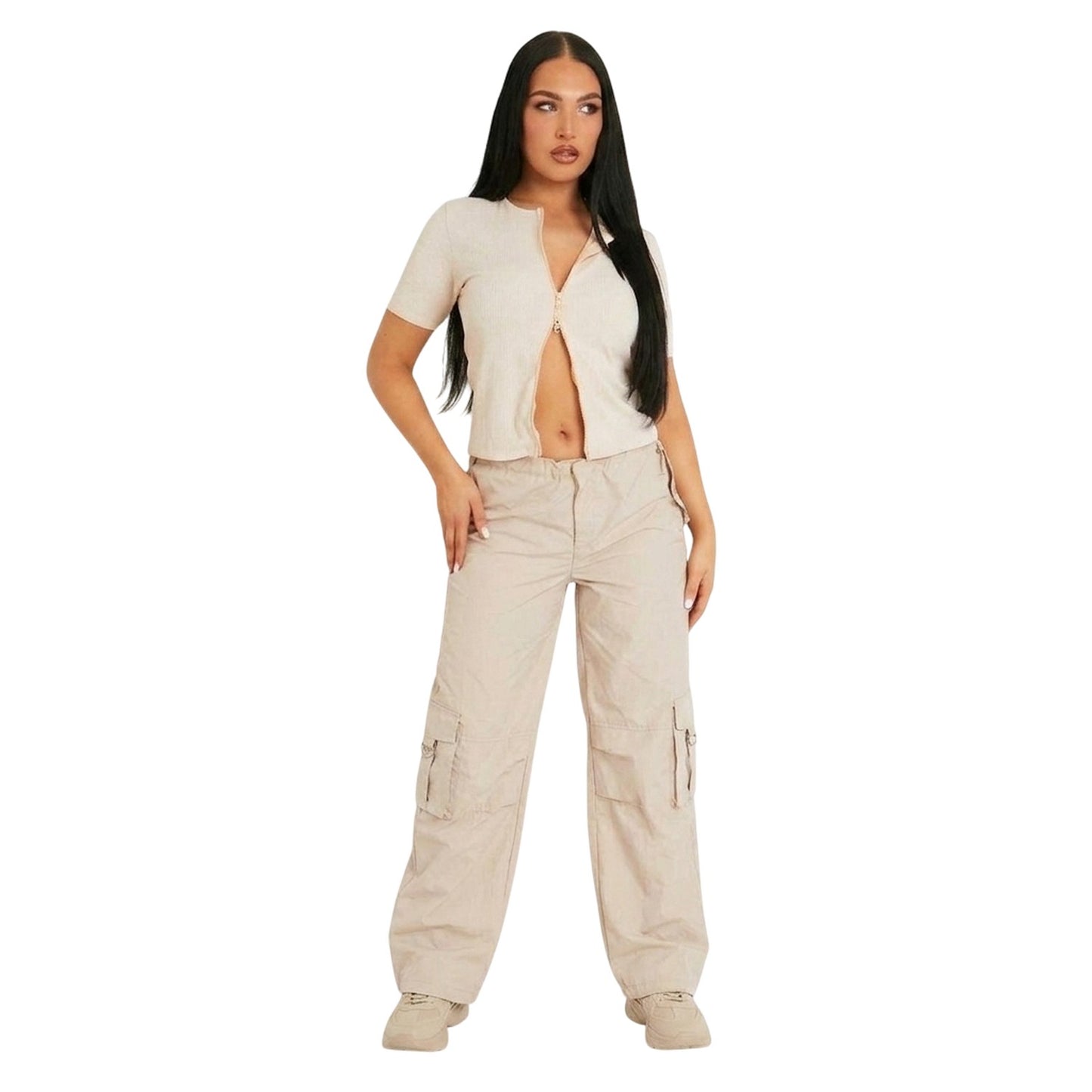 Beige - Back - Missy Empire Womens-Ladies Ribbed Zipped Fitted Short-Sleeved Top