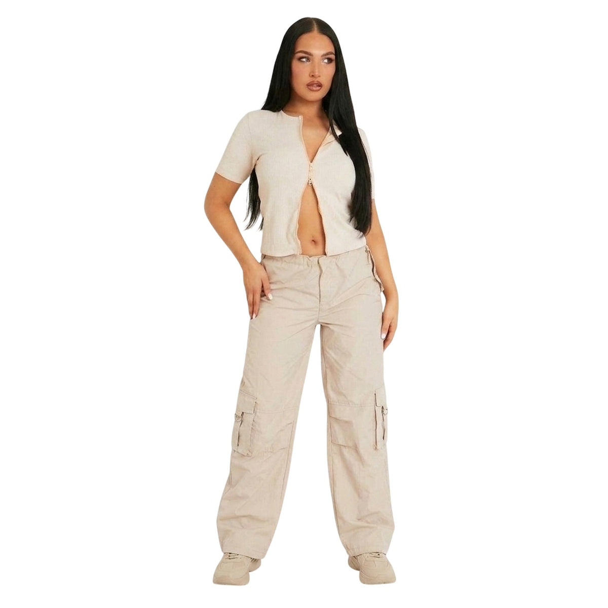 Beige - Back - Missy Empire Womens-Ladies Ribbed Zipped Fitted Short-Sleeved Top