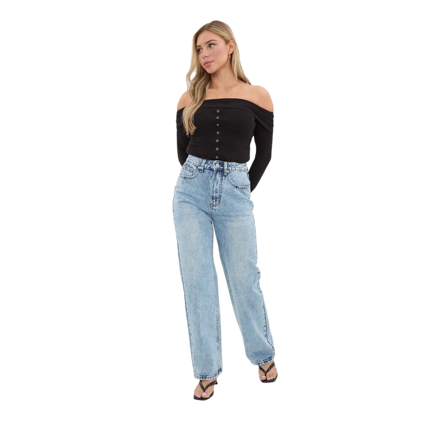 Black - Lifestyle - I Saw It First Womens-Ladies Button Front Fitted Bardot Top