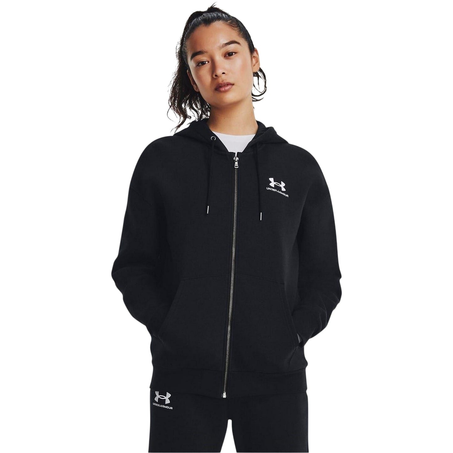 Black - Pack Shot - Under Armour Womens-Ladies Essential Drop Sleeve Full Zip Hoodie