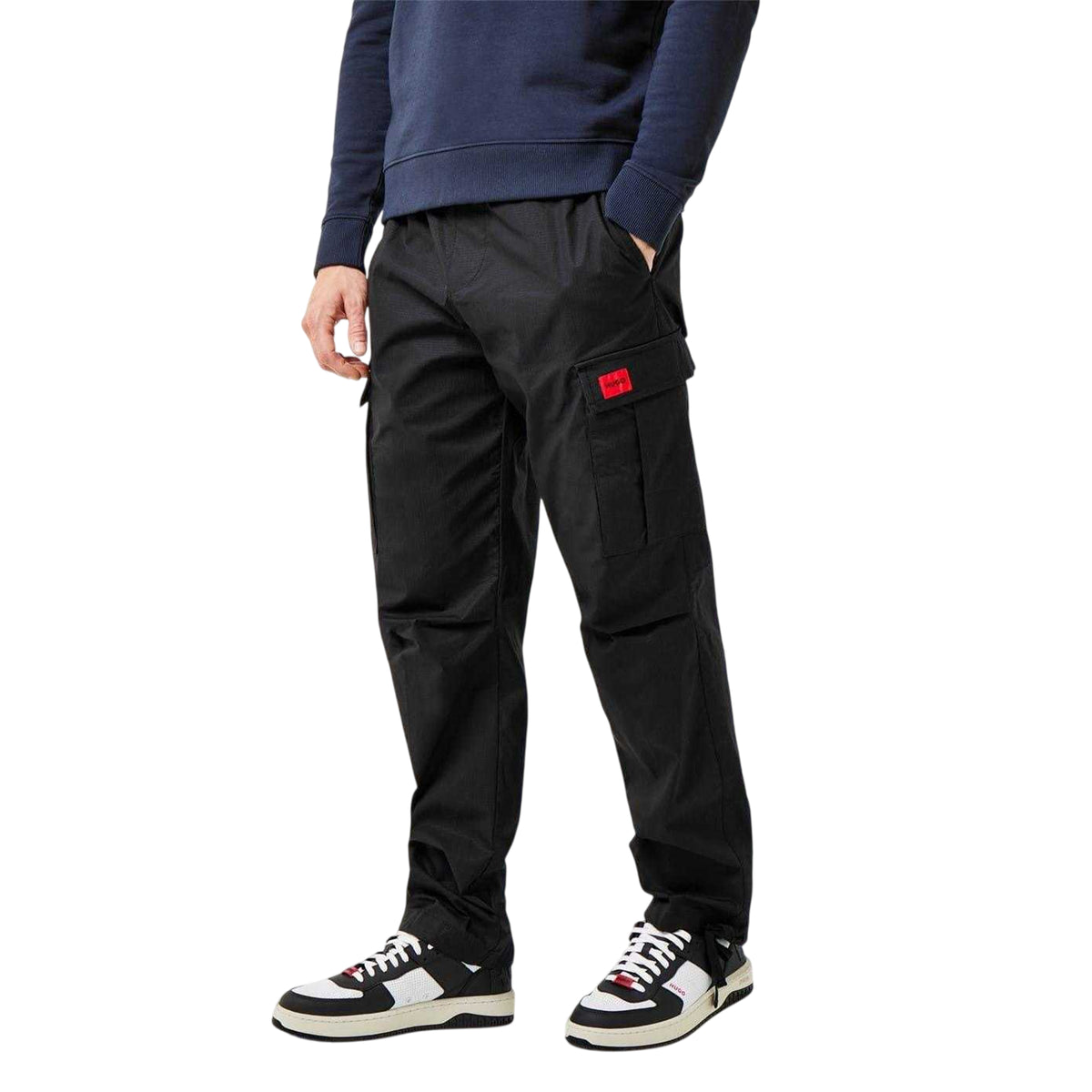 Black - Side - Hugo Mens Ripstop Relaxed Fit Cargo Trousers