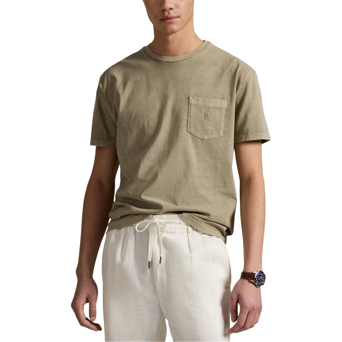 Olive - Side - Ralph Lauren Mens Embroidered Pocket Slim T-Shirt