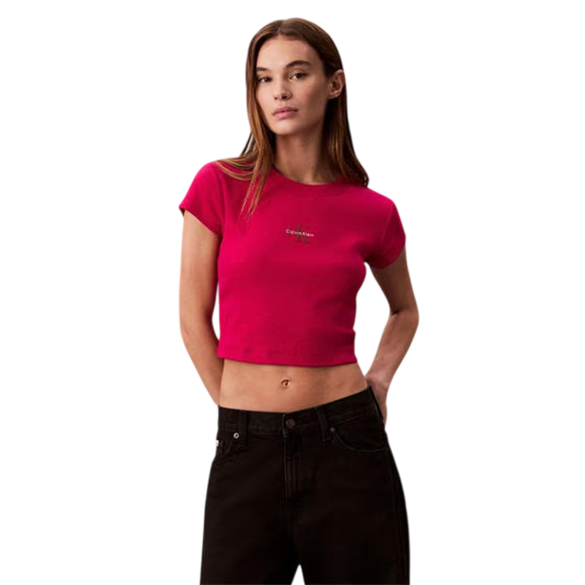 Pink - Side - Calvin Klein Womens-Ladies Logo Slim Crop T-Shirt