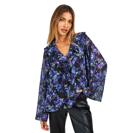 Black - Front - Influence Womens-Ladies Floral Ruffle Blouse