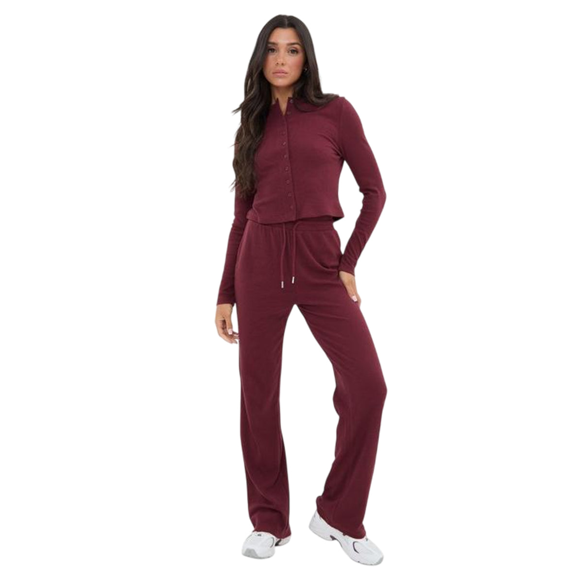 Burgundy - Side - I Saw It First Womens-Ladies Ribbed Button Front Top