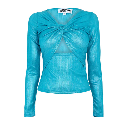 Blue - Front - AmyLynn Womens-Ladies V Neck Slim Long-Sleeved Top