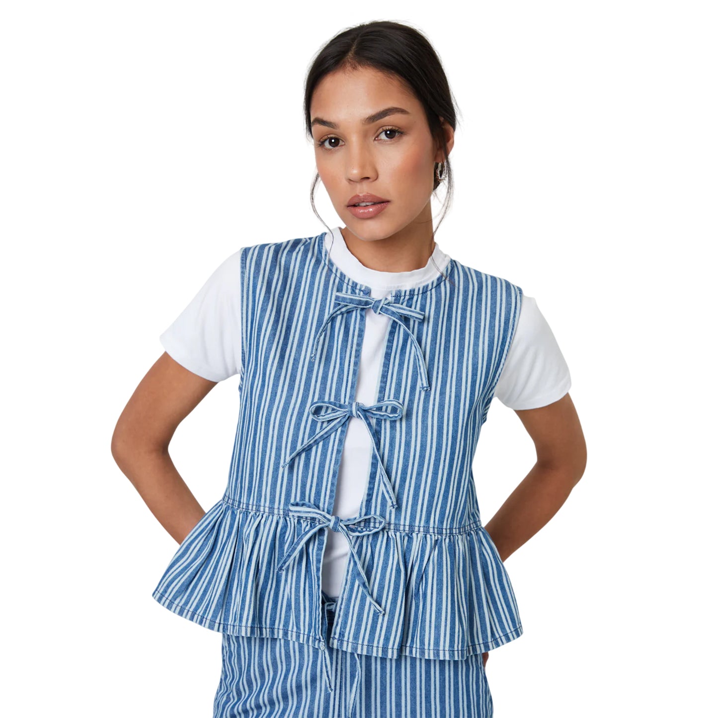 Mid Wash - Side - Threadbare Womens-Ladies Mumba Striped Front Tie Sleeveless Blouse