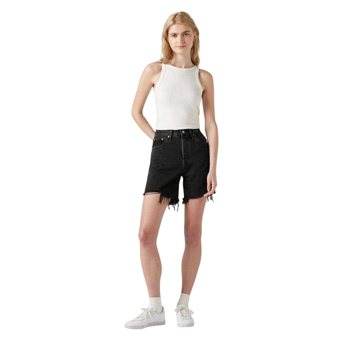 Black - Side - Levis Womens-Ladies 501 Denim Mid Thigh Jean Shorts