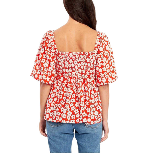 Red-White - Front - Be You Womens-Ladies Waffle Square Neck Puff Sleeve Blouse