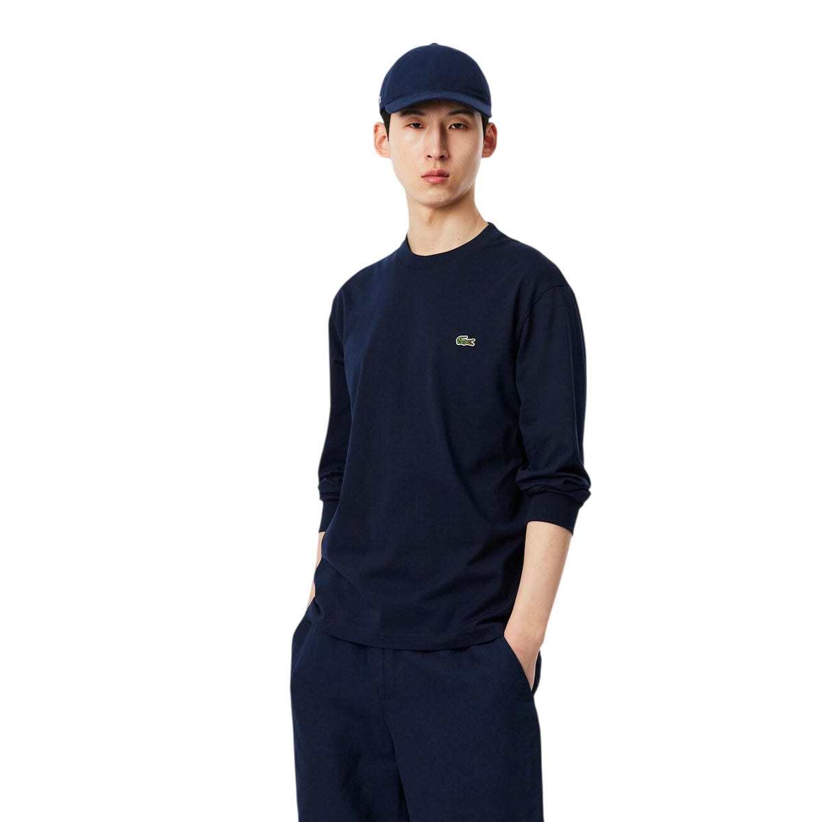 Navy - Side - Lacoste Mens Crocodile Print Cotton Regular Long-Sleeved T-Shirt
