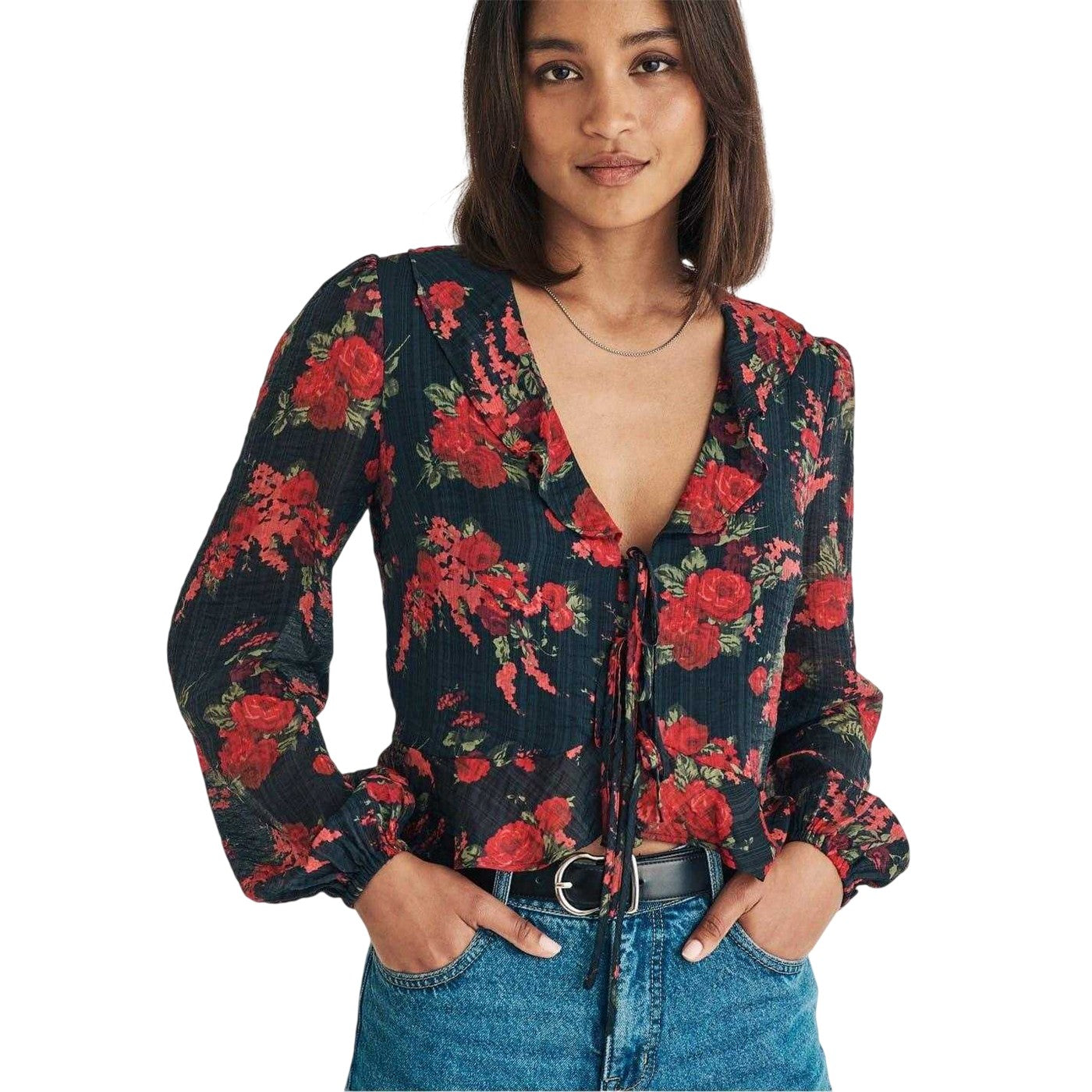 Brown - Lifestyle - Nobody´s Child Womens-Ladies Floral Plunge Relaxed Fit Puff Sleeve Blouse
