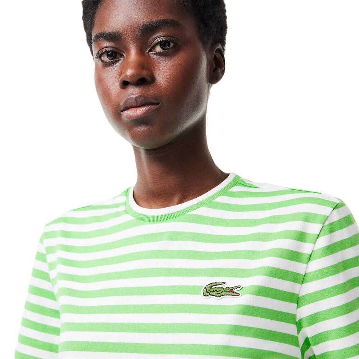 Cream-Green - Side - Lacoste Womens-Ladies Striped Loose Fit T-Shirt