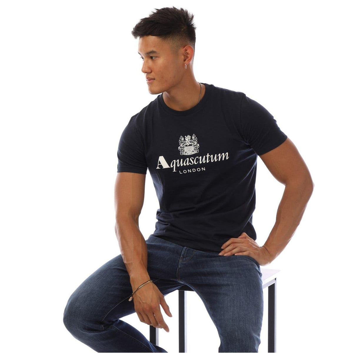 Navy-White - Lifestyle - Aquascutum Mens Logo Crew Neck Regular T-Shirt