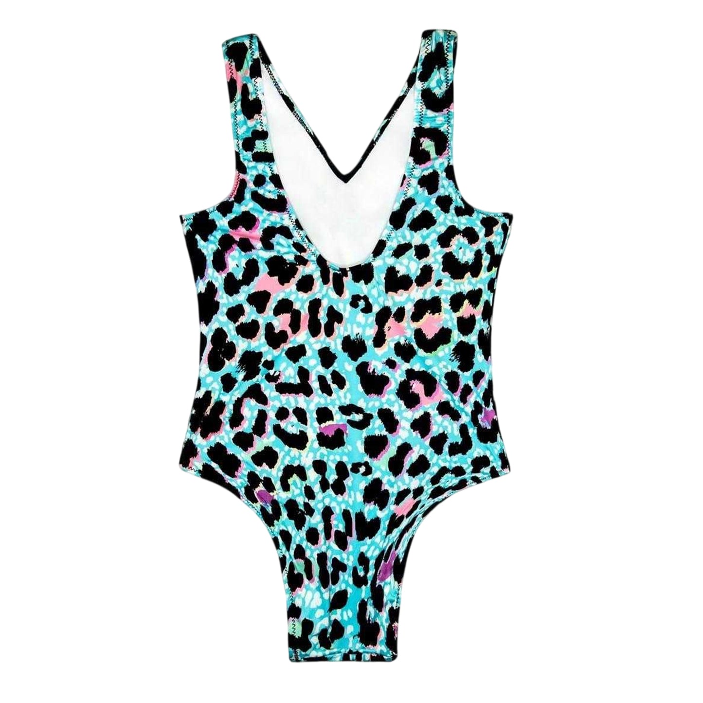 Multicoloured - Back - Hype Girls Neon Leopard Print One Piece Swimsuit