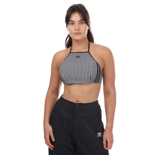 White-Black - Front - Adidas Womens-Ladies Originals Gingham Cropped Halter Top