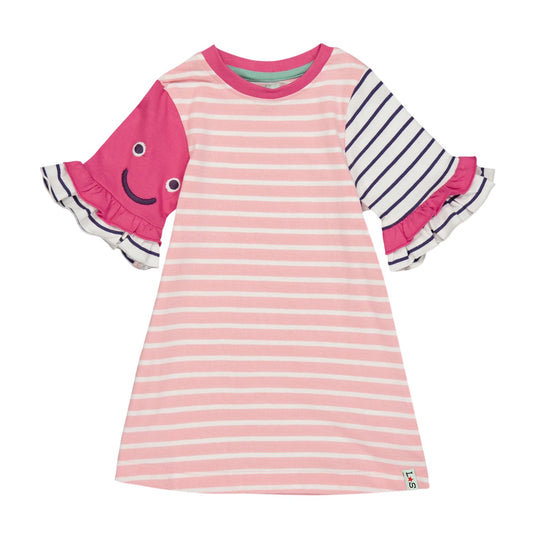 Pink - Front - Lilly & Sid Girls Horizontal Stripe Regular Ruffle Dress