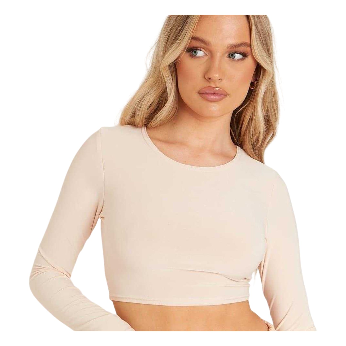 Stone - Back - Missy Empire Womens-Ladies Crew Neck Long-Sleeved Crop Top