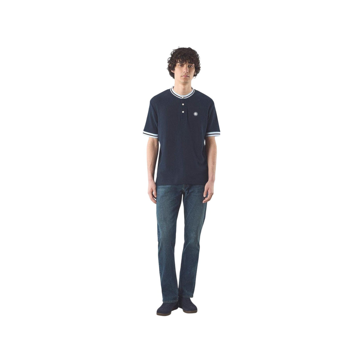 Navy - Side - Pretty Green Mens Cressa Grandad Collar T-Shirt