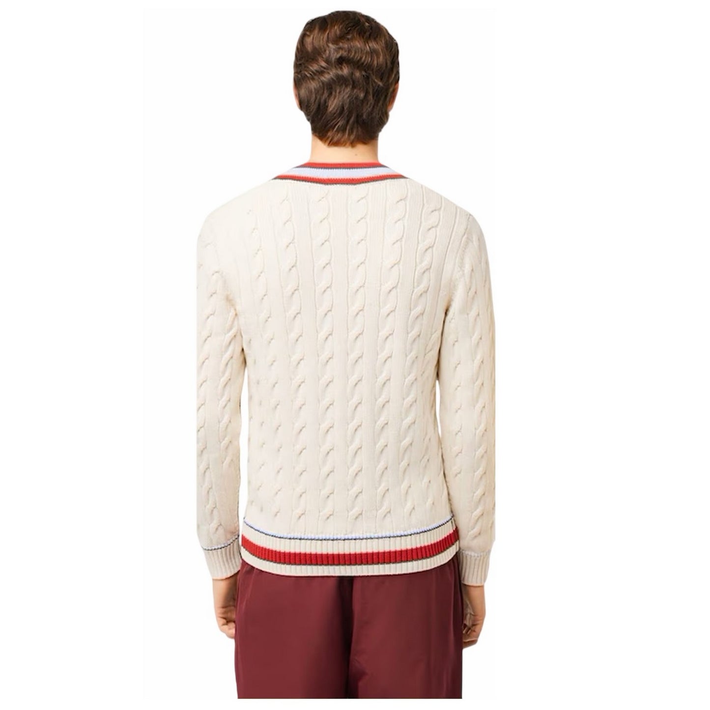 Cream-Red - Back - Lacoste Unisex Adult Cable Knit Ribbed Cuff Regular Sweater Top