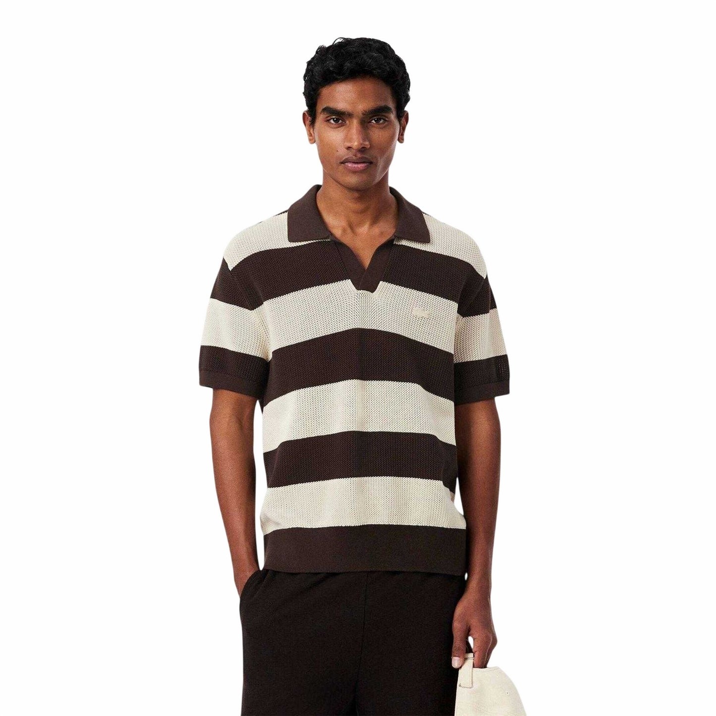 Cream - Side - Lacoste Mens Striped Knitted Polo Shirt