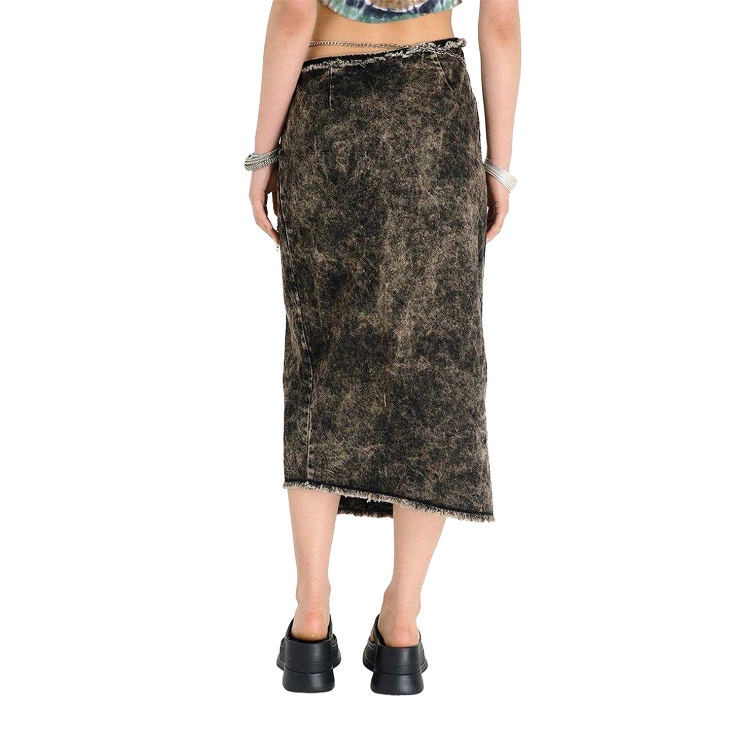 Brown - Back - The Ragged Priest Womens-Ladies Rune Denim Relaxed Fit Maxi Skirt