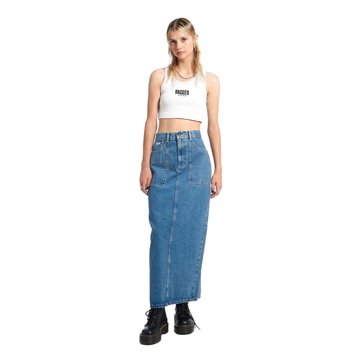 Blue - Side - The Ragged Priest Womens-Ladies Carpenter Denim Maxi Skirt