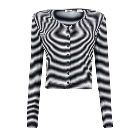 Vanilla-Black - Front - Levis Womens-Ladies Pinstripe Ribbed V Neck Long-Sleeved Top