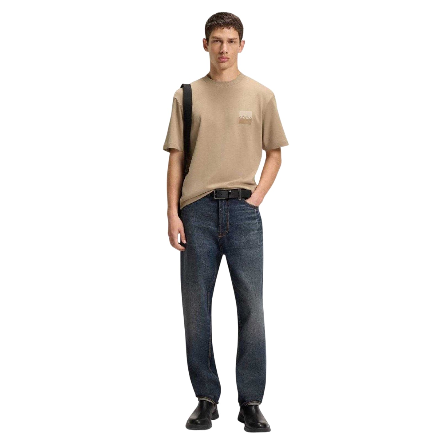 Beige - Side - Hugo Boss Mens Dusplito Split Logo T-Shirt