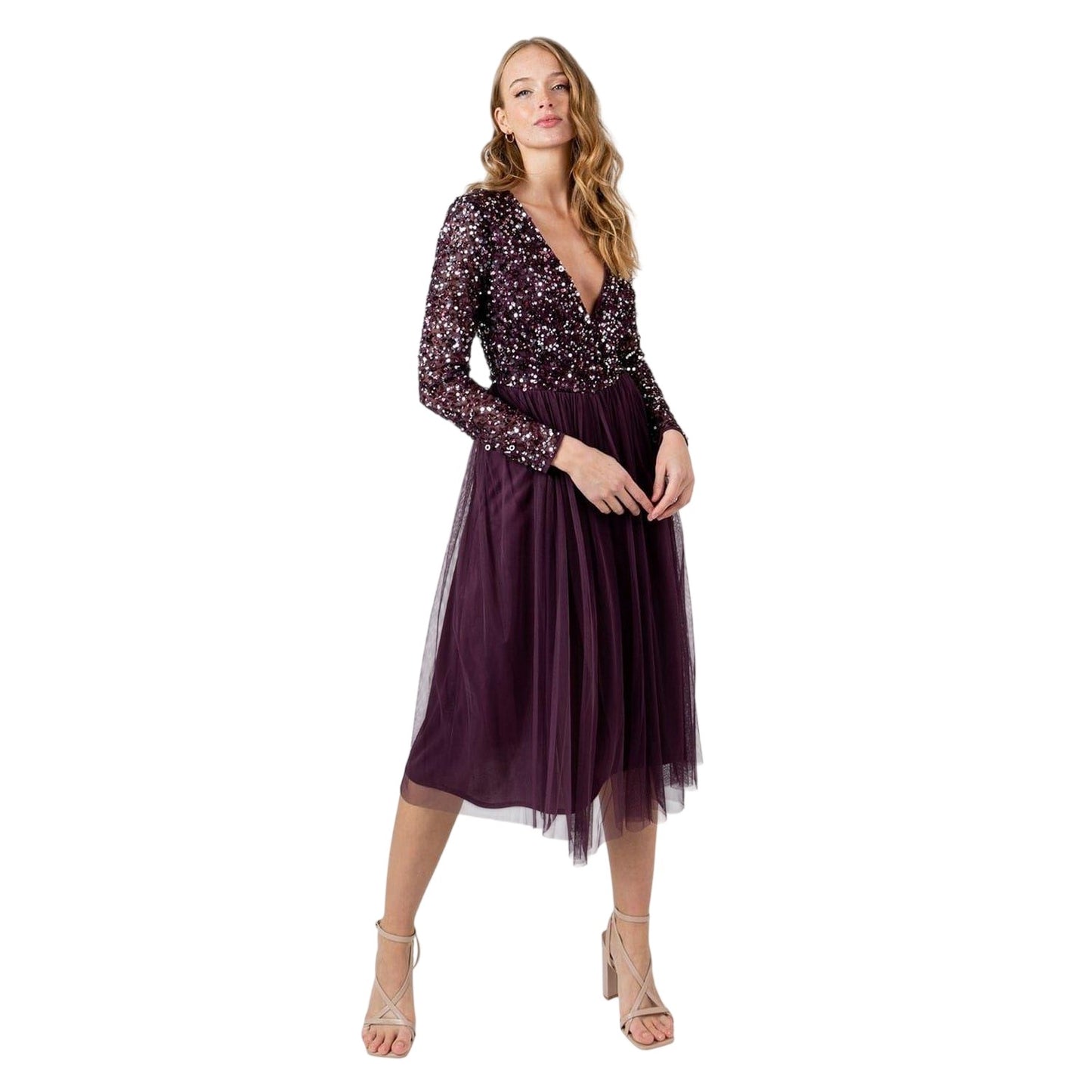 Berry - Lifestyle - Deluxe Womens-Ladies Sequin V Neck Midi Dress