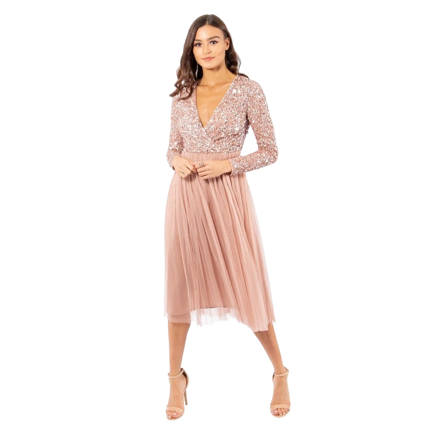 Pale Mauve - Lifestyle - Deluxe Womens-Ladies V Neck Long-Sleeved Wrap Dress