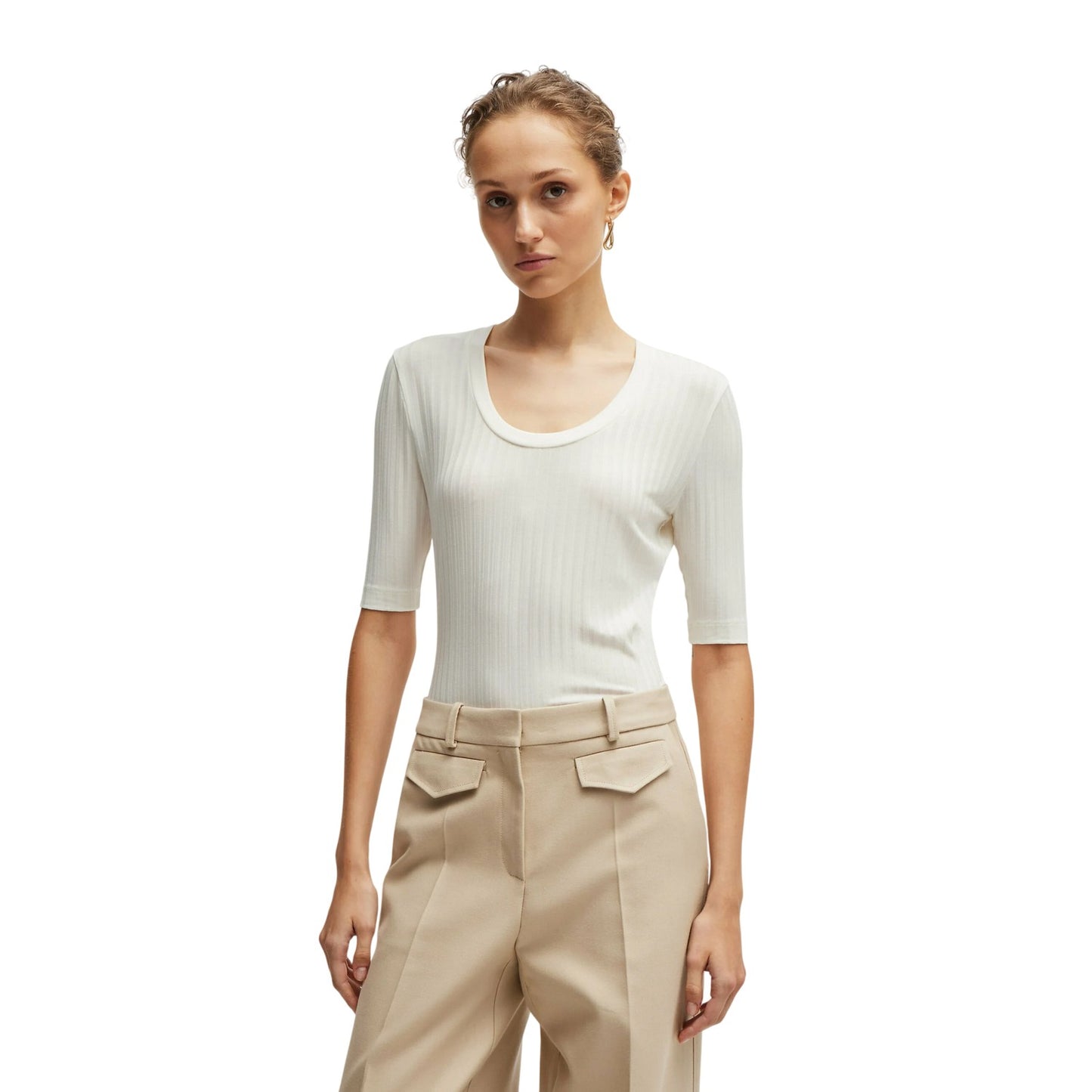 White - Lifestyle - Boss Womens-Ladies Effilie Ribbed T-Shirt