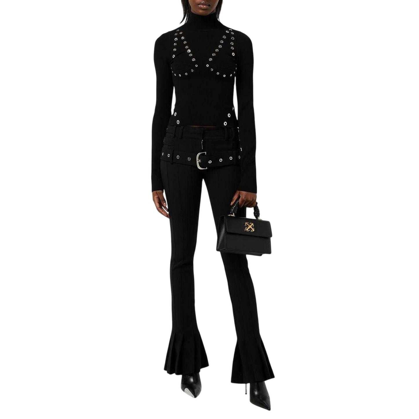 Black - Side - Off White Womens-Ladies Eyelets Mock Neck Top