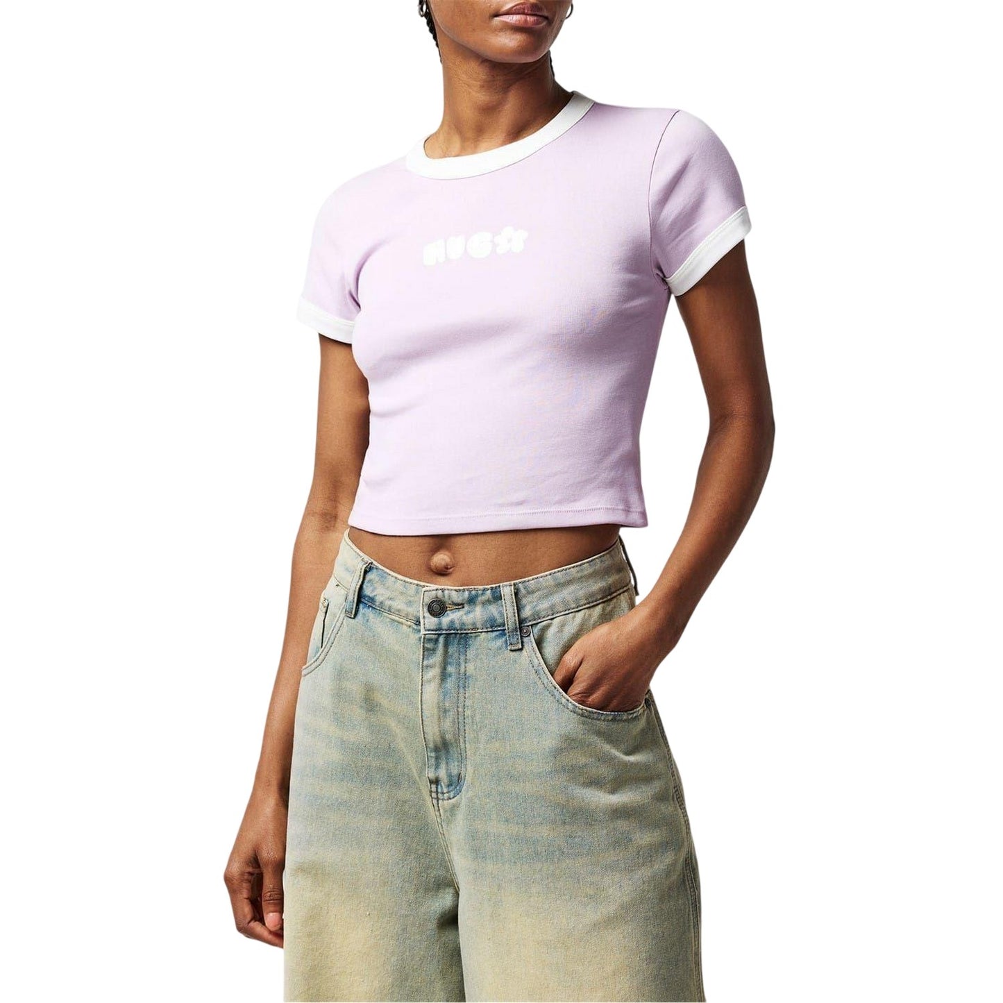 Pastel Purple - Side - Hugo Womens-Ladies Cotton Ringer Crop T-Shirt