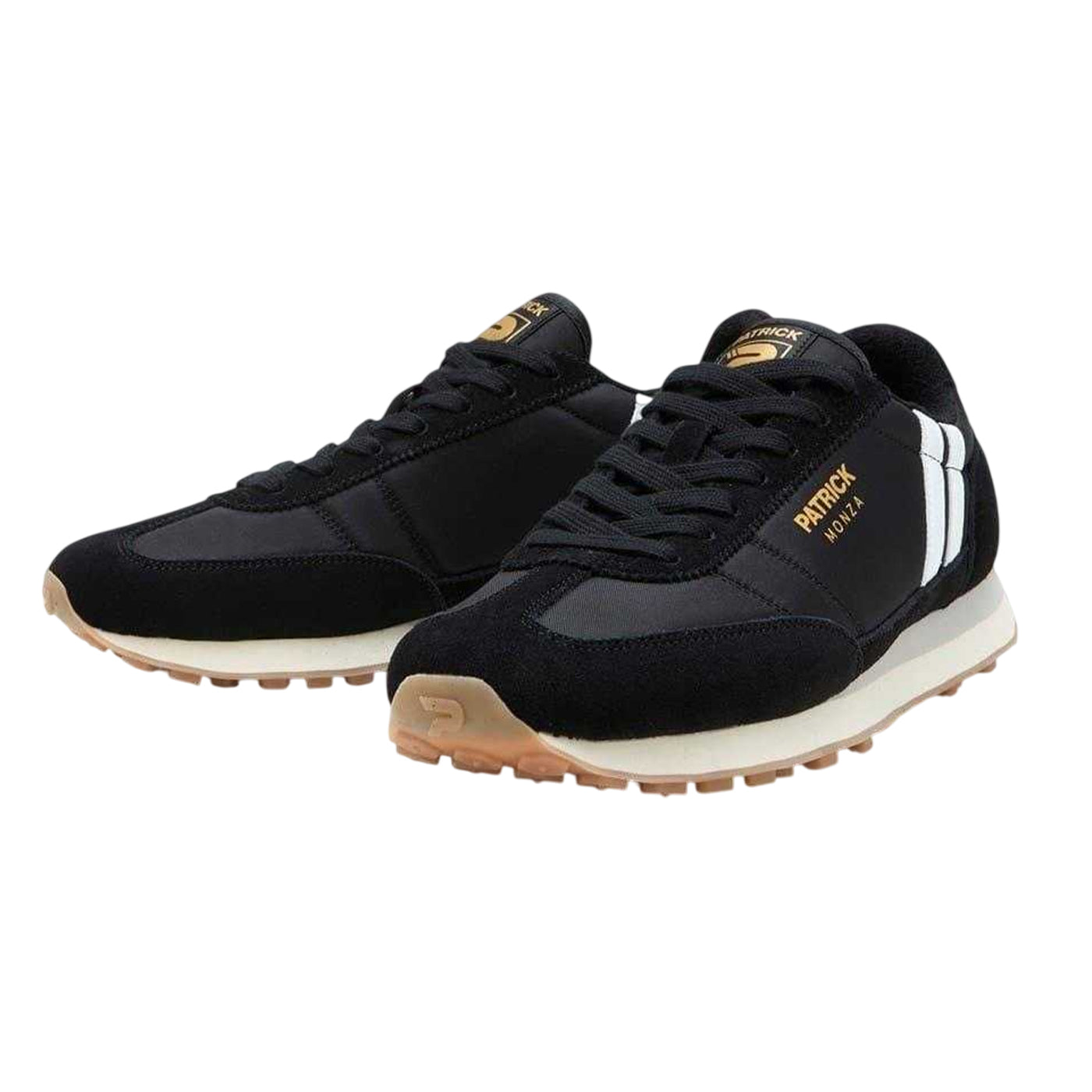 Black-White - Pack Shot - Patrick Mens Monza Double Stripe Suede Trainers