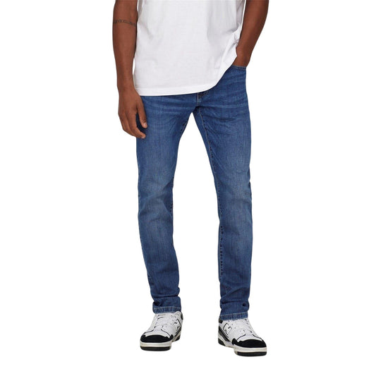 Mid Blue - Front - Only and Sons Mens Denim Tapered Jeans