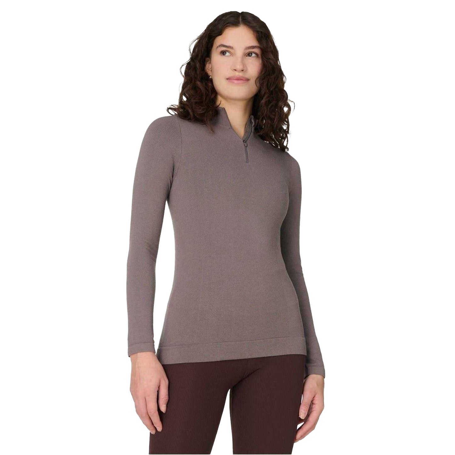 Brown - Pack Shot - Sweaty Betty Womens-Ladies Ribbed Zip Neck Slim Tracksuit Top