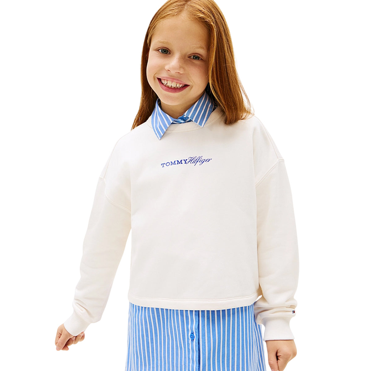 Antique White - Side - Tommy Hilfiger Childrens-Kids Logo Crew Neck Sweatshirt