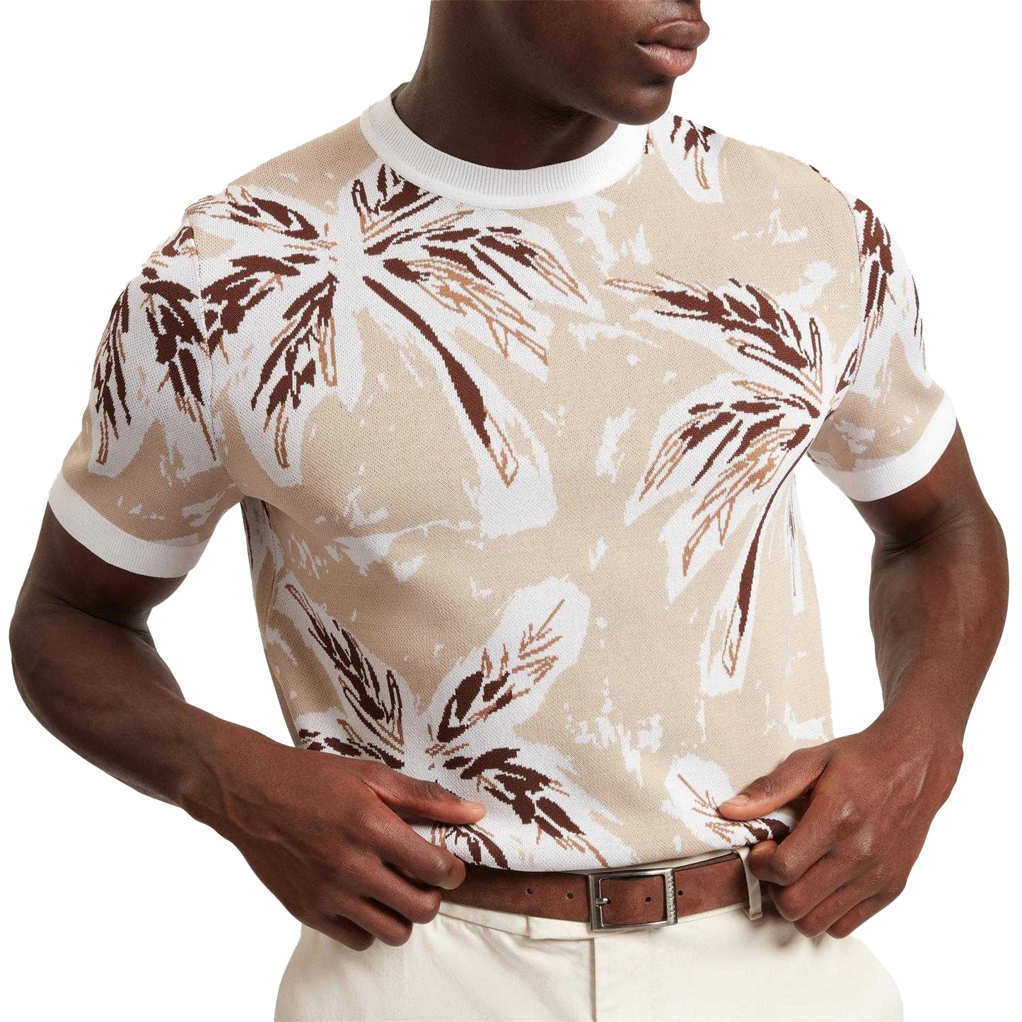 Taupe - Side - Ted Baker Mens Palm Knitted Short-Sleeved T-Shirt