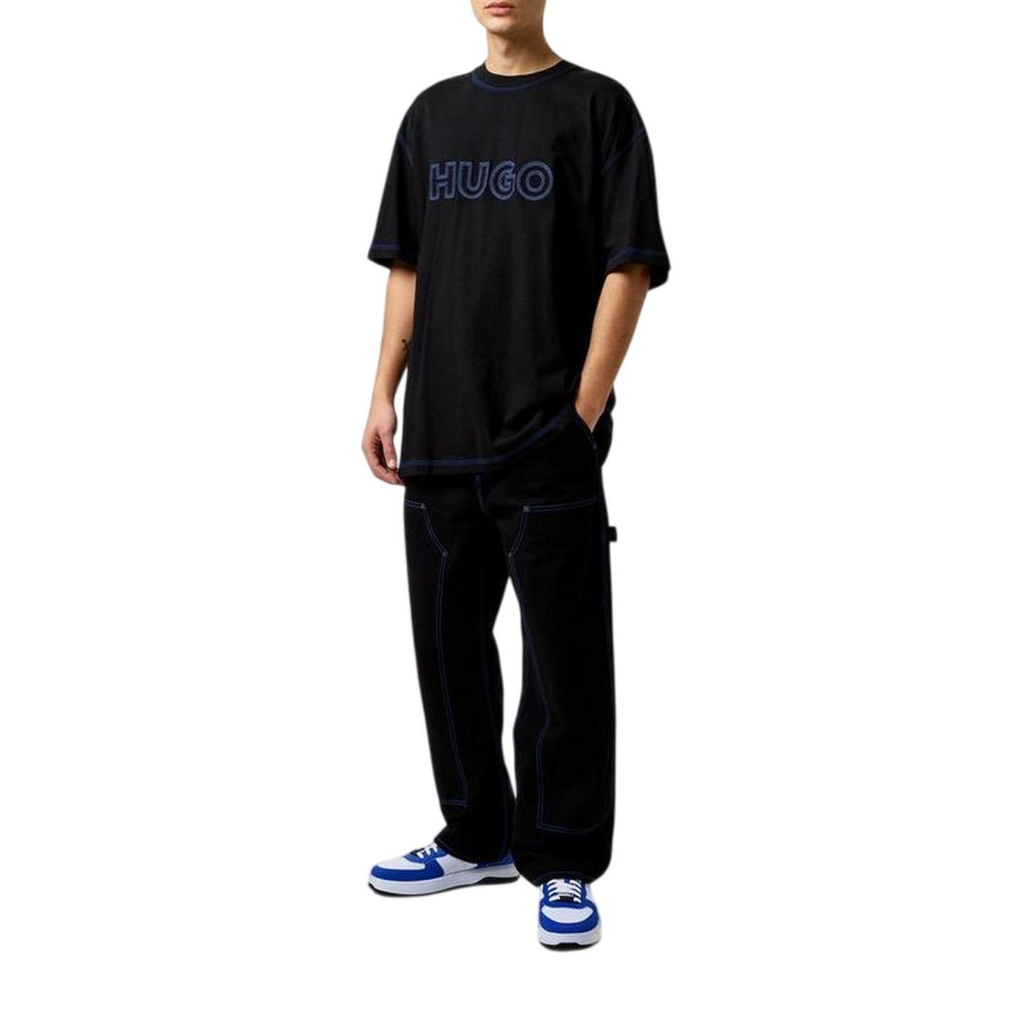 Black - Lifestyle - Hugo Mens Embroidered Logo Stitched T-Shirt