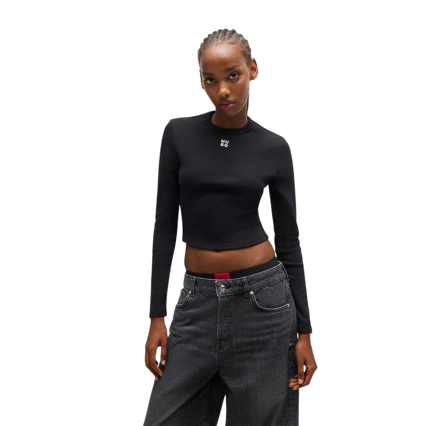 Black - Side - Hugo Womens-Ladies Stacked Logo Slim Long-Sleeved Crop Top