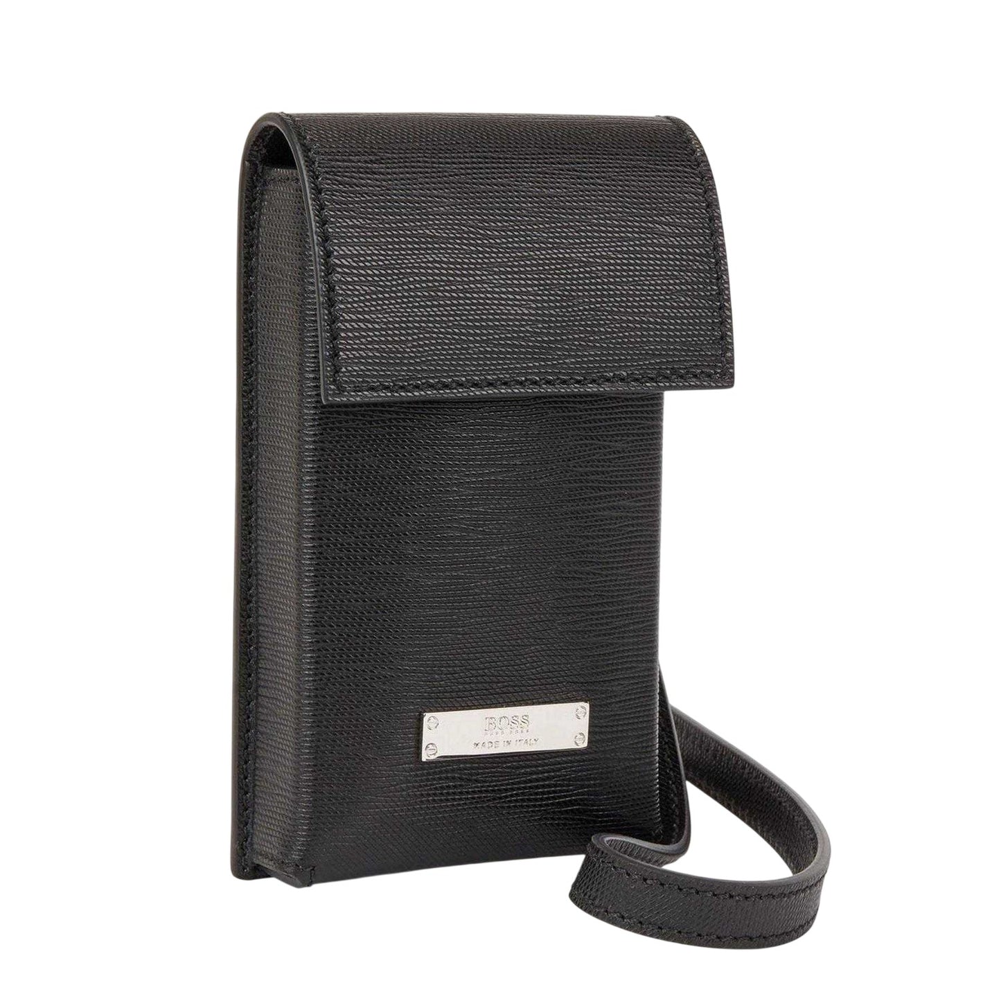 Black - Back - Boss Gallery Logo Italian Leather Neck Pouch