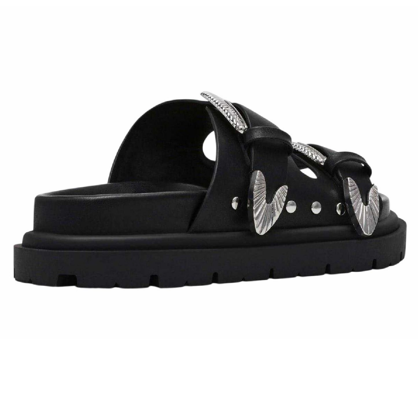 Black - Side - Steve Madden Womens-Ladies Buckle Leather Slides