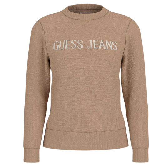 Brown-Oatmeal - Front - Guess Womens-Ladies Knitted Intarsia Sweatshirt