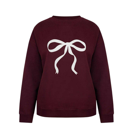 Burgundy - Front - Miso Womens-Ladies Bow Ribbed Collar Sweatshirt