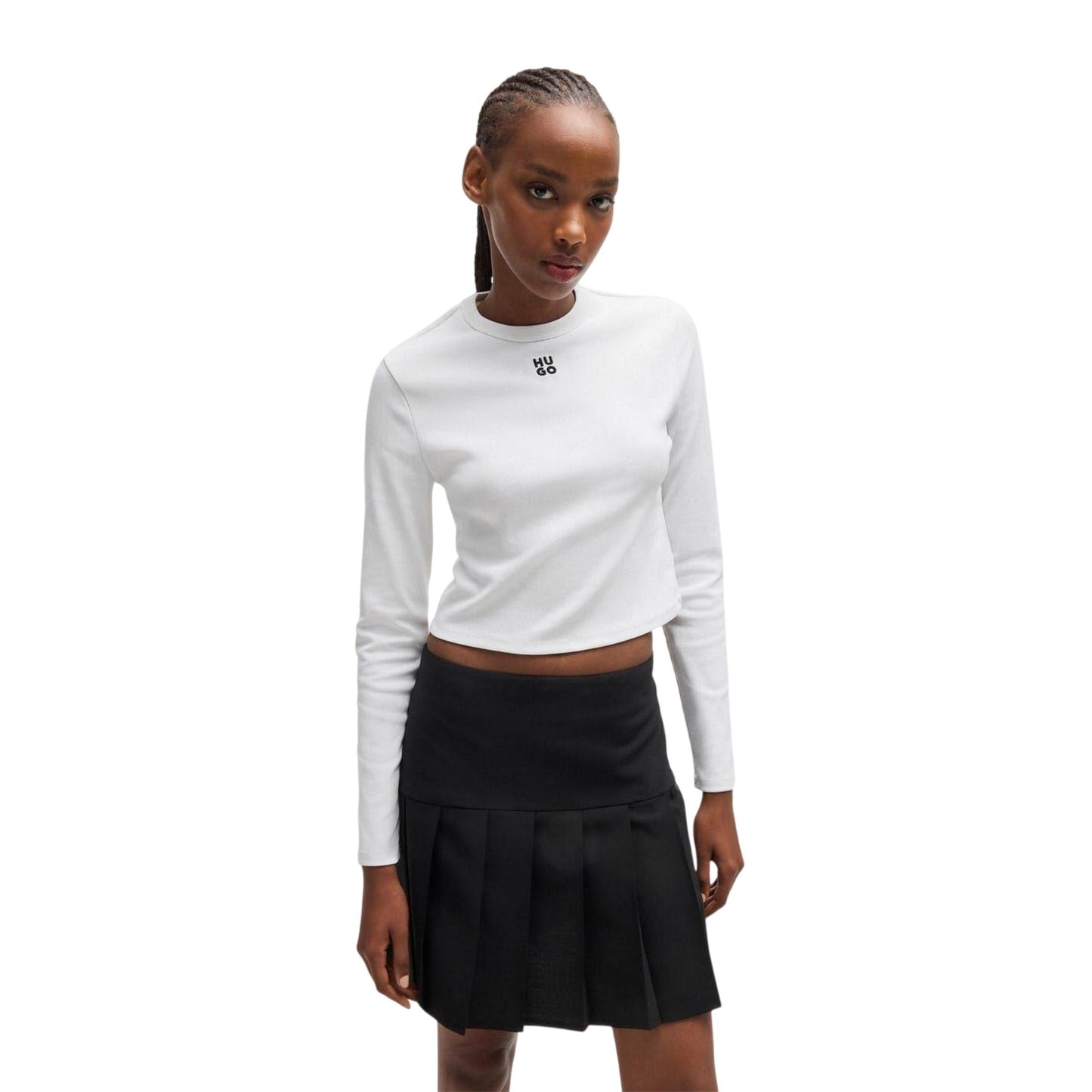 White - Side - Hugo Womens-Ladies Logo Slim Long-Sleeved Crop T-Shirt
