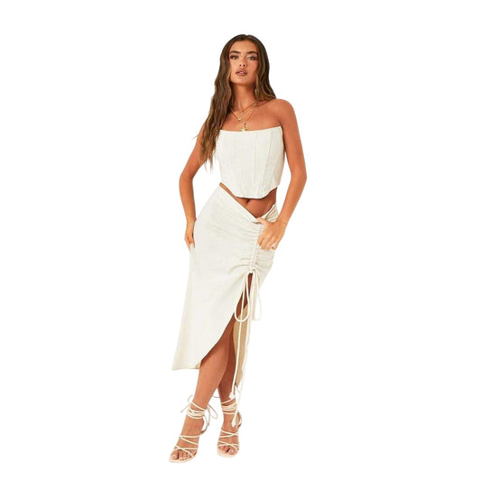 Stone - Front - Missy Empire Womens-Ladies Linen-Look Fitted Midi Skirt Set
