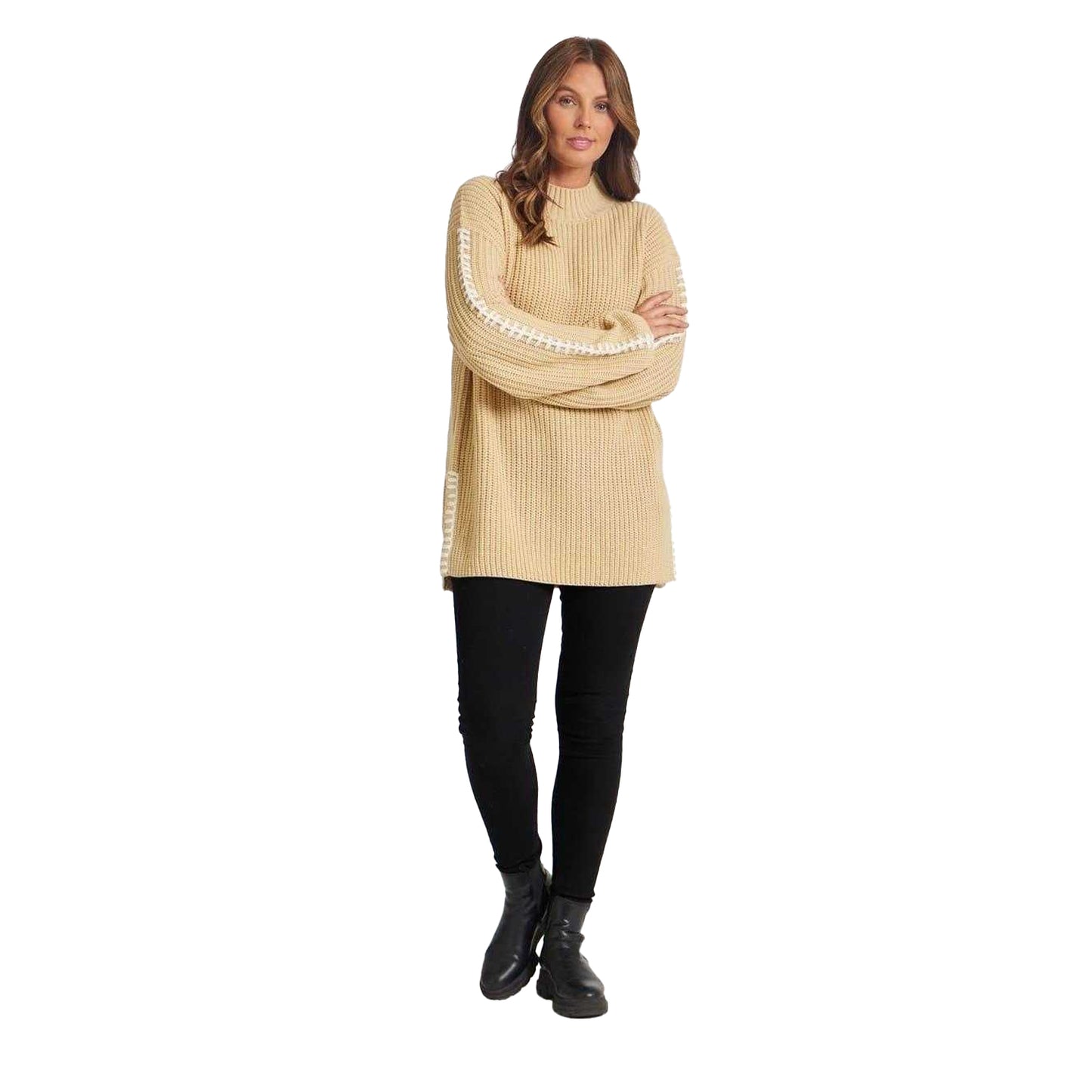 Beige - Lifestyle - Be You Womens-Ladies Contrast Stitching Jumper