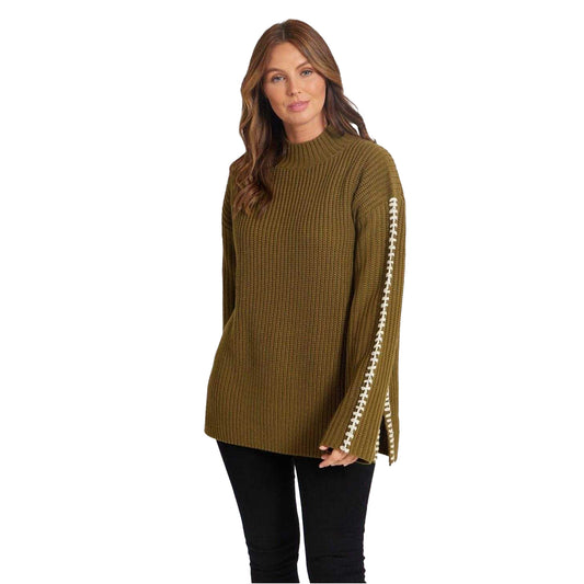 Khaki - Front - Be You Womens-Ladies Contrast Stitching Jumper