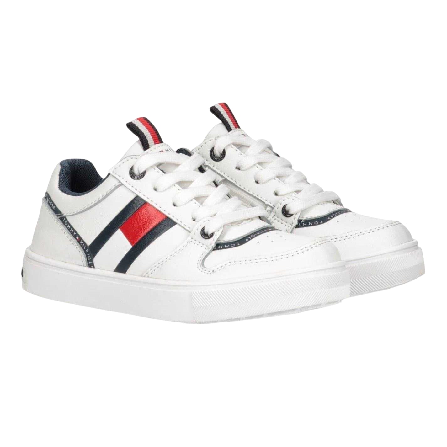 White - Side - Tommy Hilfiger Childrens-Kids Flag Flat Trainers